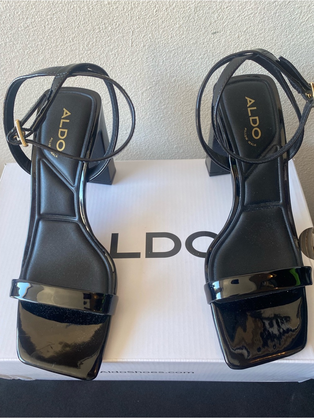 ALDO Black Patent Square Block Heel Sandals with Ankle Strap BRAND NEW